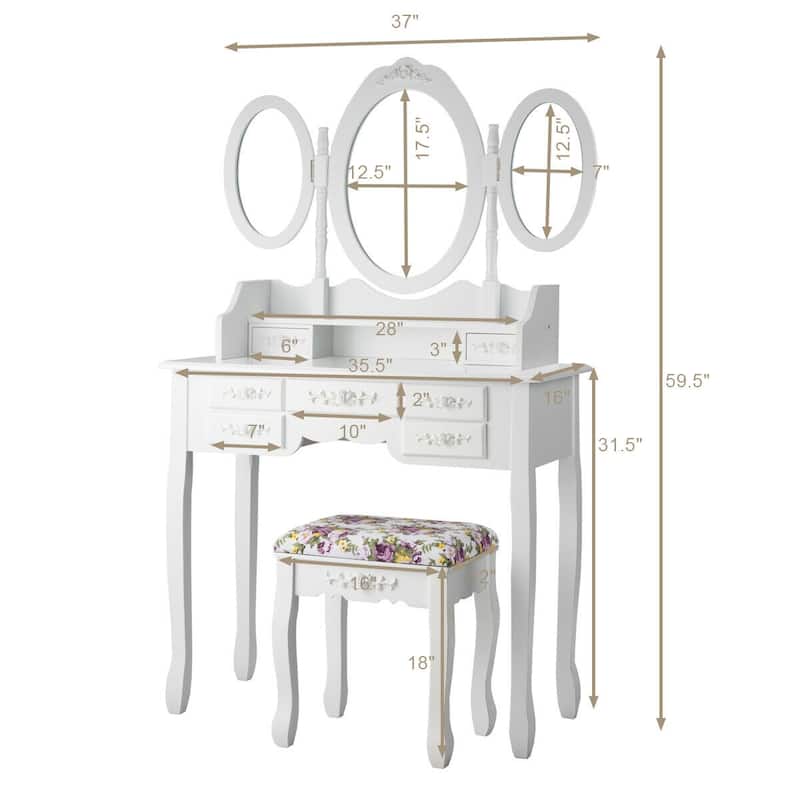 Gymax Vanity Makeup Set W/7 Drawer Tri-Folding Mirror Dressing Table &