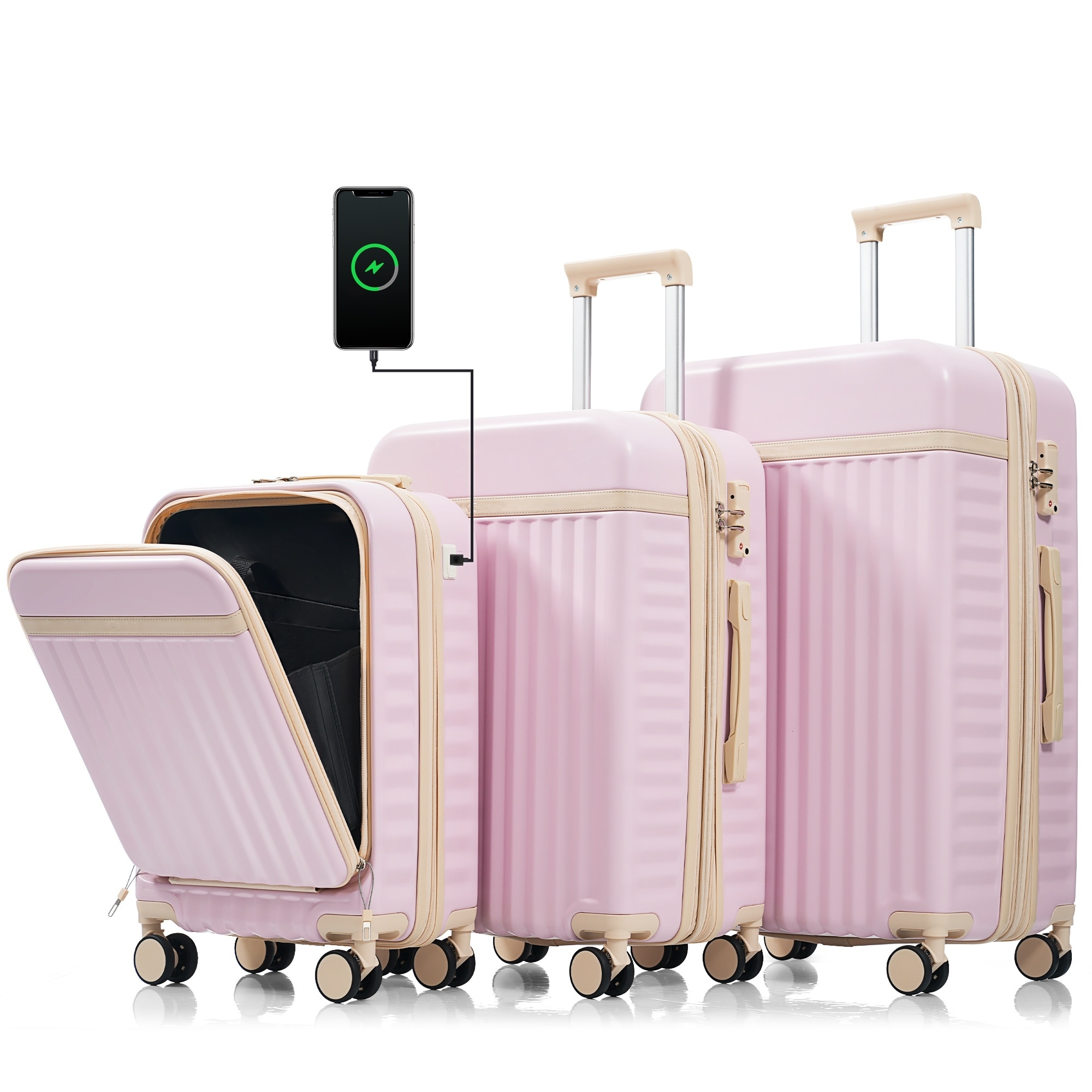 Luggage Set of 3, 20inch with USB Port, front opening design Airline Certified Carry on Luggage, ABS Hard Shell Luggage