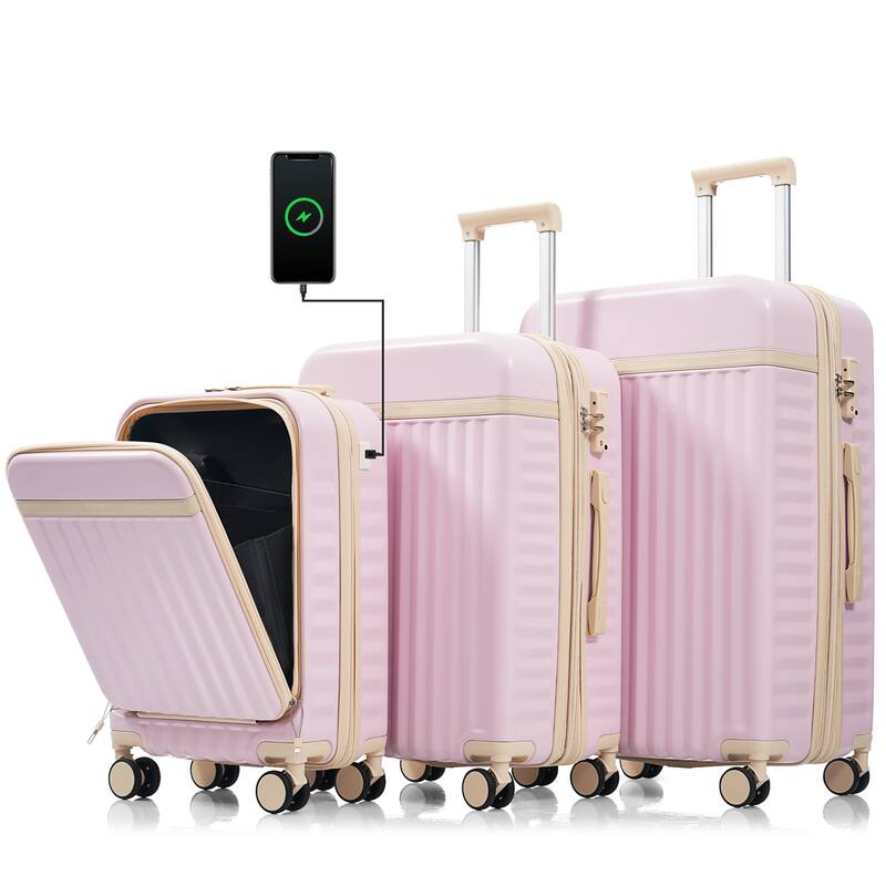 Luggage Set of Three, ABS Hard Shell Luggage with Spinner Wheels - Pink