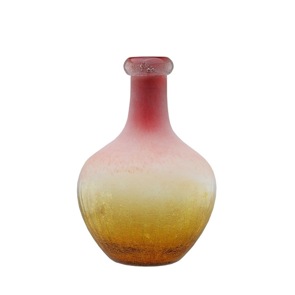 12.25" Amber Yellow Crackled and Coral Frosted Hand Blown Glass Vase - N/A