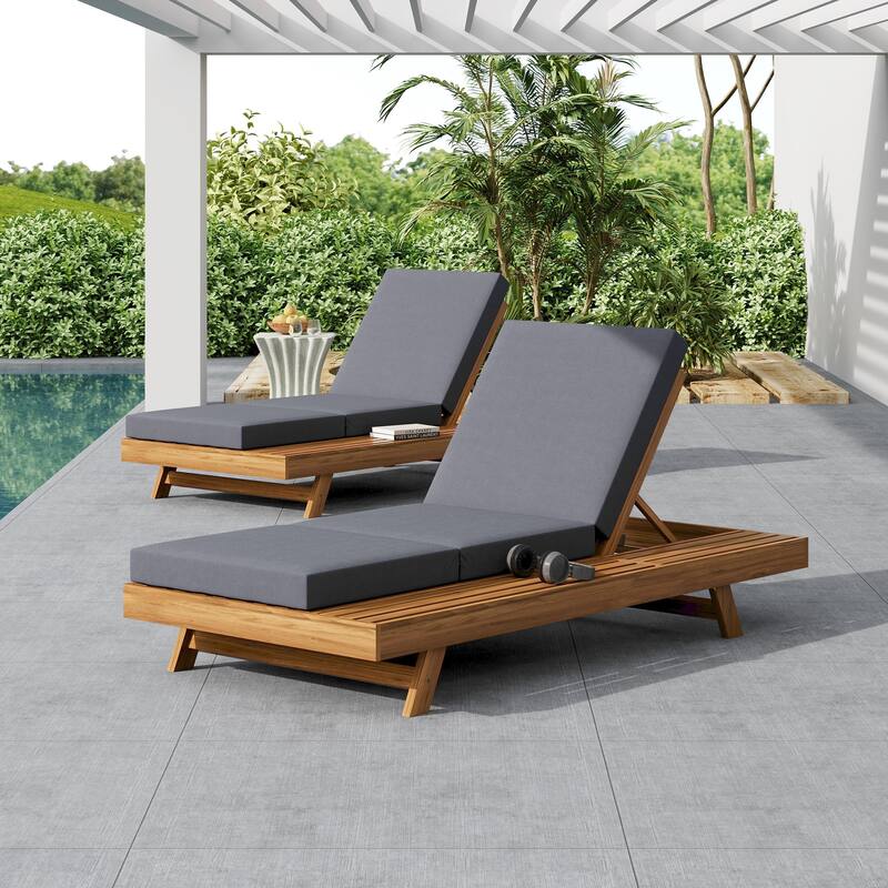 Roomfitters Outdoor Acacia Wood Chaise Lounge: Adjustable Sunbed with Built-in Side Table & Triple-Fold Dark Grey Cushion