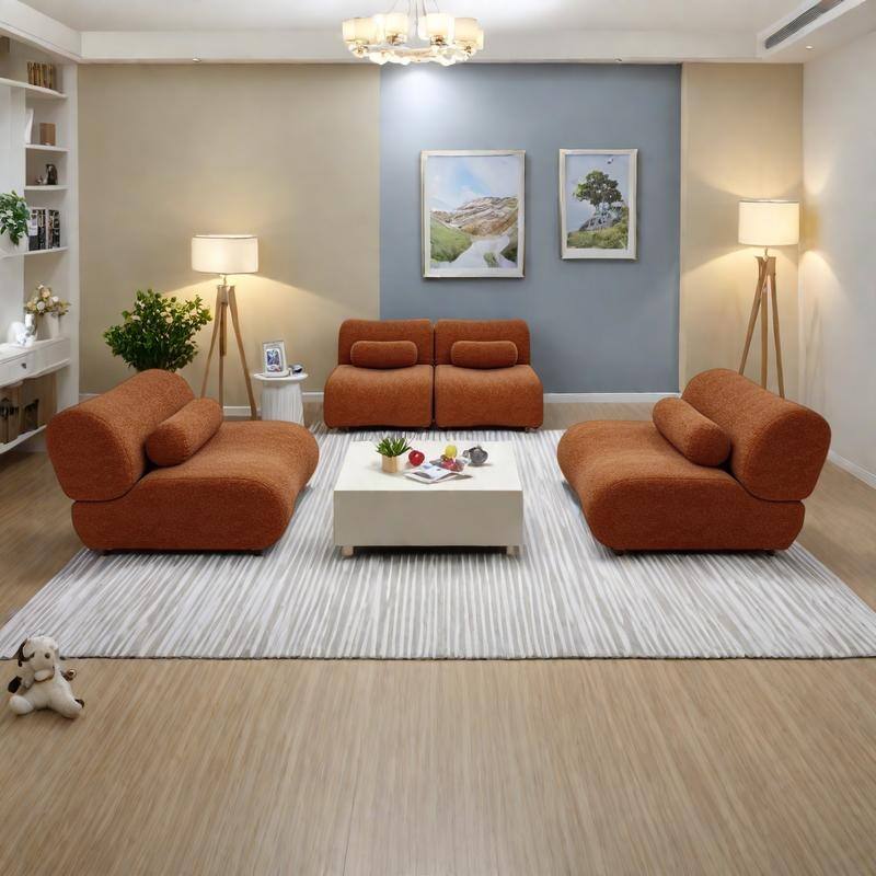 Chenille Modular 4-Seater Sectional Sofa Set with Cylindrical Pillows and 70° Reclined Backrest - Orange