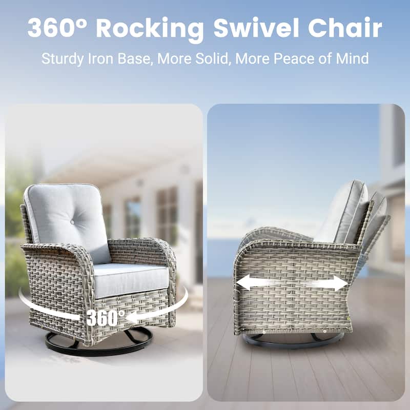 OVIOS 10 Pieces Outdoor Wicker Swivel Chair Set With Solar-Powered Coffee Table