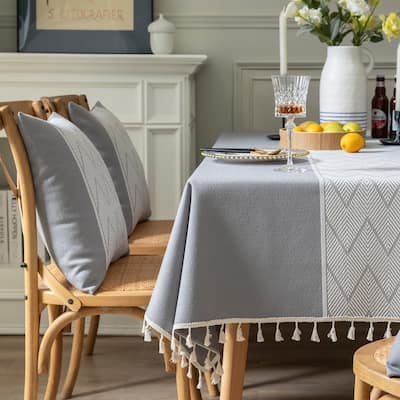 Enova Home High Quality Rectangle Cotton and Linen Tablecloth with Tassels (Grey)
