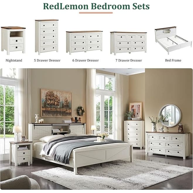 Farmhouse King Size Bed Frame with Storage Shelves & Charging Station