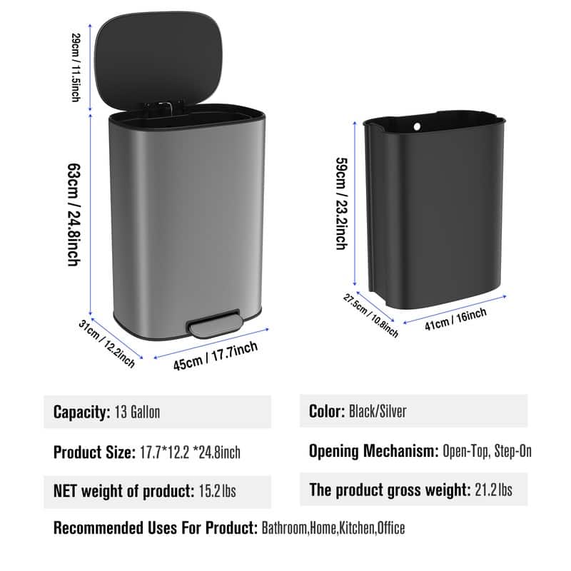 Black Grey 13 Gallon 50L Step-on Kitchen Trash Can with Soft Close for Home,Office