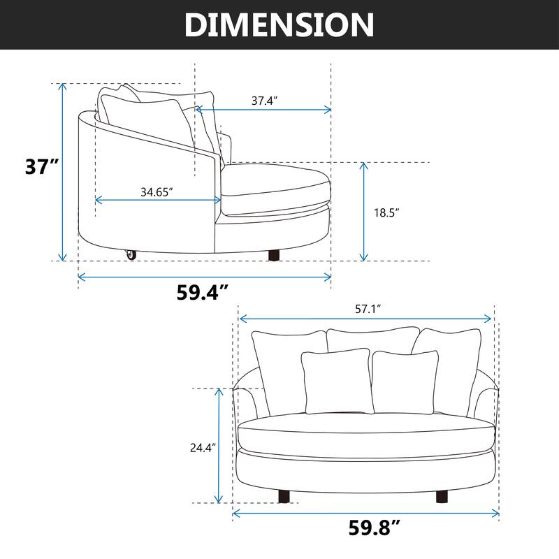 59.8''W Modern Oversized Sofa Chair, Round Accent Barrel Chair With 5 Pillows
