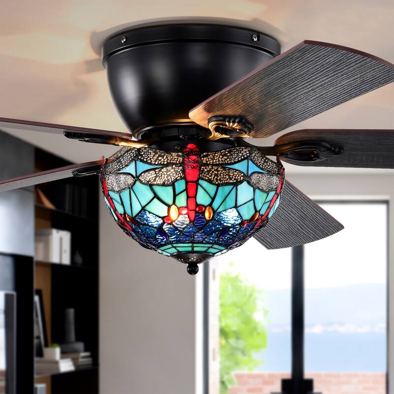 Pluvey 52-Inch Flushmount Lighted Ceiling Fan Blue Red Draginfly Tiffany Glass Lamp Black Finish