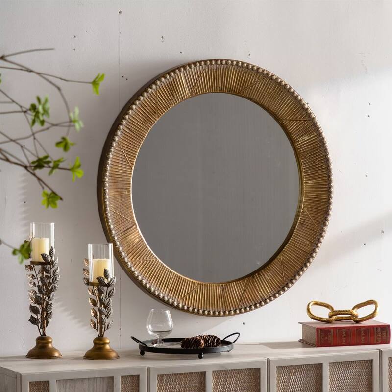 31.3" Gold Textured Round Wall Mirror Iron Frame & MDF Back Decorative Mirror