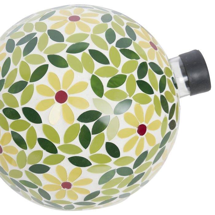 Alpine Corporation GRS1190A-SLR 11" Solar-Powered Floral Mosaic Glass Gazing Globe with Metal Stand, Yellow