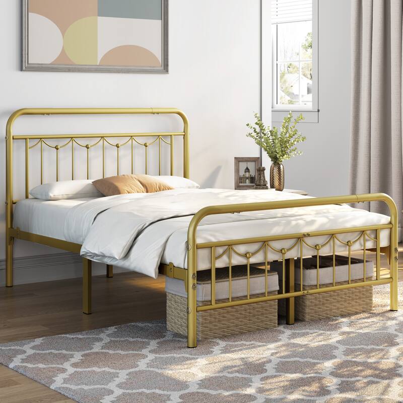Yaheetech Metal Platform Bed Frame with Vintage Headboard and Footboard Metal Bed Base - Antique Gold - Full