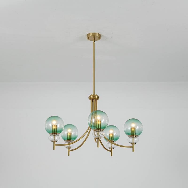 5-Light Mid-Century Modern Luxury Green Sputnik with Open/Bubble Glass Globe Shades Chandelier for Dining Room, Living Room