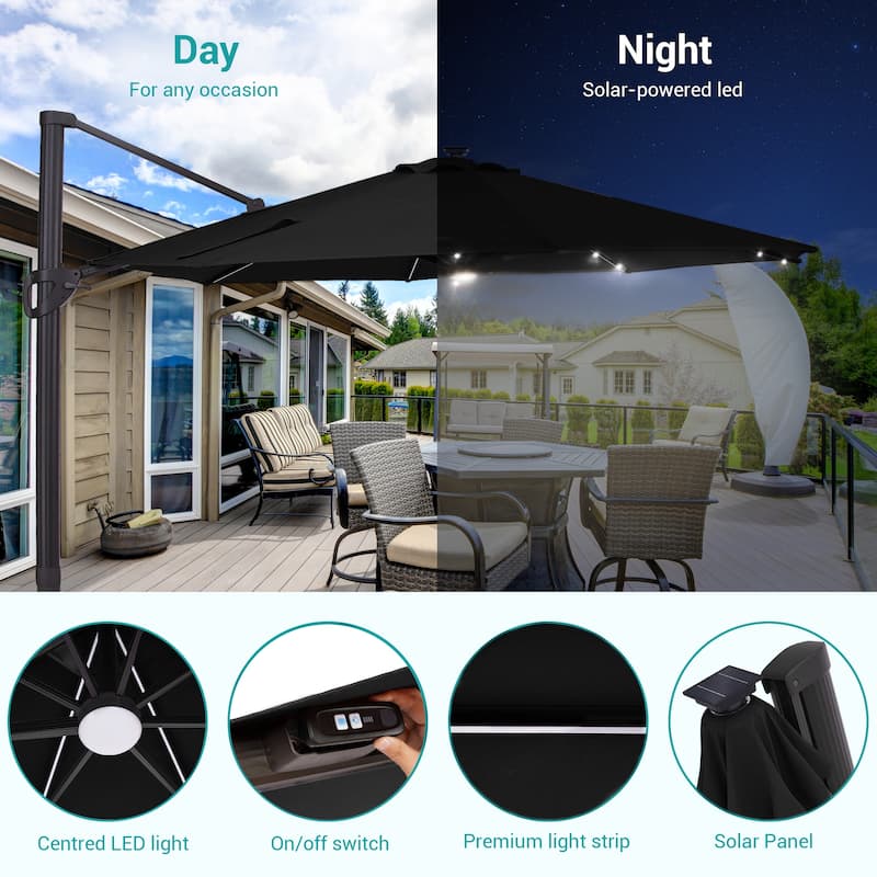 Bonosuki 11Ft Aluminum LED Cantilever Patio Umbrella with Base for Patio Deck Garden