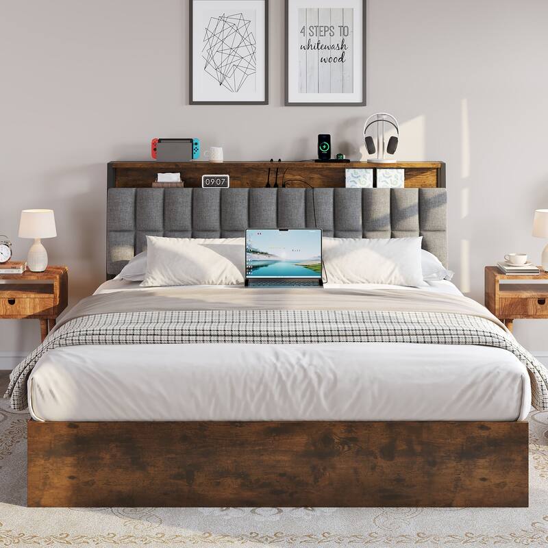 Moasis Lift-Up Storage Bed Frame with Charging Station & Storage Headboard