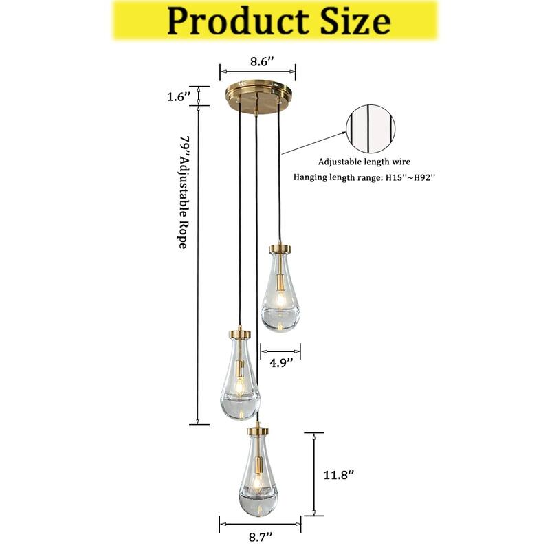 CraftHome Farmhouse Raindrop Glass Antique Brass Chandelier Rustic Teardrop Cluster Pendant Light for Kitchen Island