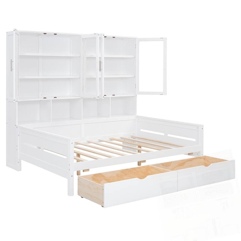 Wooden Daybed with Glass-Door Storage Cabinets Built-in LED Lighting and Shelves