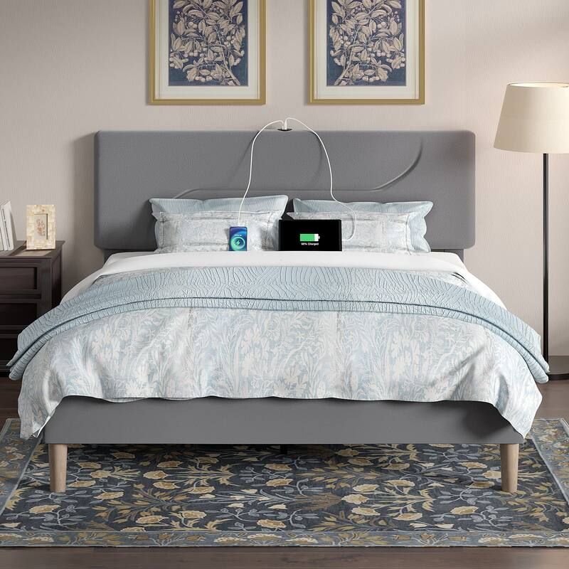 Javlergo Bed Frame with Smart LED Lights, Velvet Bed Frames with USB Charging Station, Modern Platform Bed