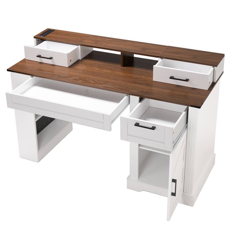 Roomfitters 55" Farmhouse Office Desk with Barn Door Cabinet, Pegboard & Charging Station