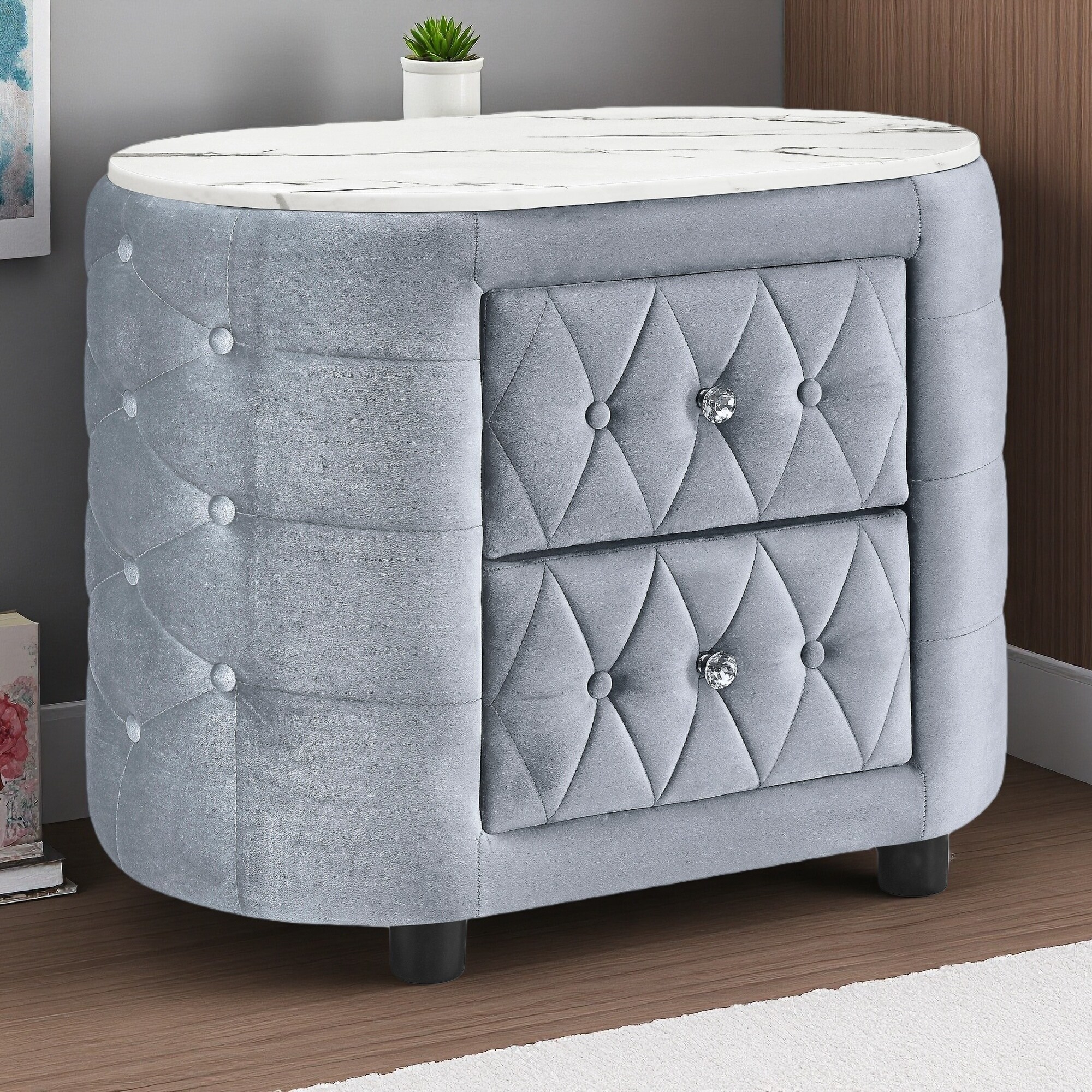31"L Oval Wooden Nightstand with Faux Marble Top, Velvet Upholstery, Button Tufted & 2 Storage Drawers with Faux Crystal Handles