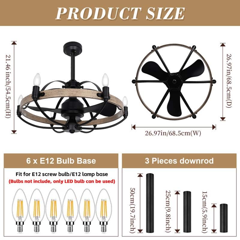 Farmhouse Modern Black LED Dimmable Ceiling Fan with Light and Remote Control 3 ABS Blades DC Motor for Bedroom Living Room