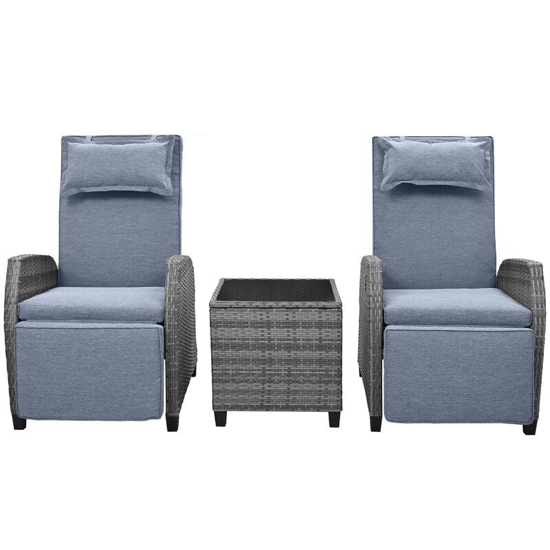 3-Piece Outdoor Patio Wicker Recliner Chair Set with Tempered Glass Table