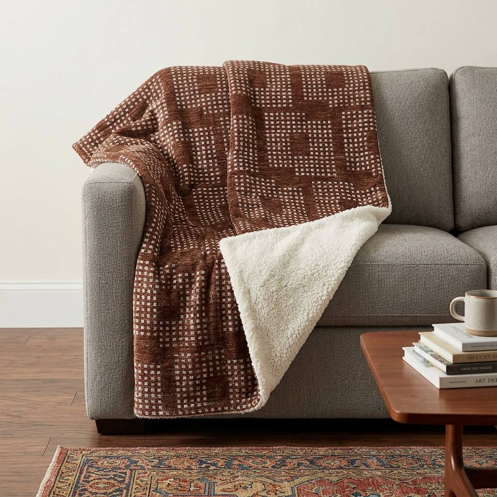 HomeRoots 50" X 70" Brown And Beige Geometric Polyester Woven Plush Throw Blanket