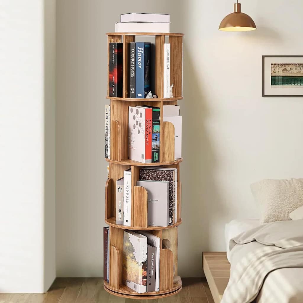 4 Tier 360° Rotating Space-Saving Natural Bookshelf - N/A