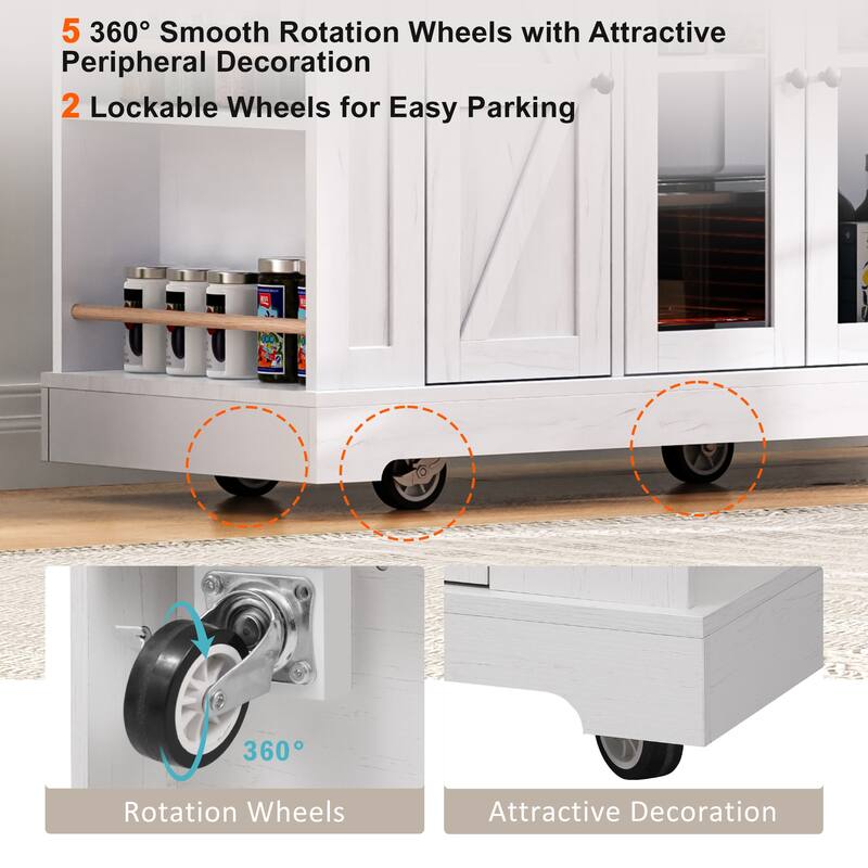 Rolling Kitchen Island with Two Tempered Glass Cabinet Doors & 3 Drawers, Kitchen Cart with Drop Leaf & 5 Open Side Racks