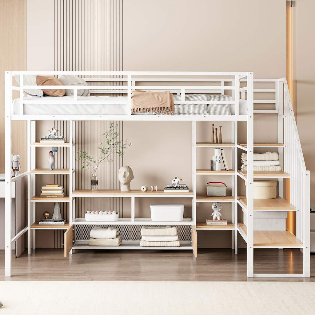 Full Size Metal Loft Bed with Staircase, Low Storage Table & Storage Shelves & Full-Length Guard Rail, No Box Spring Needed