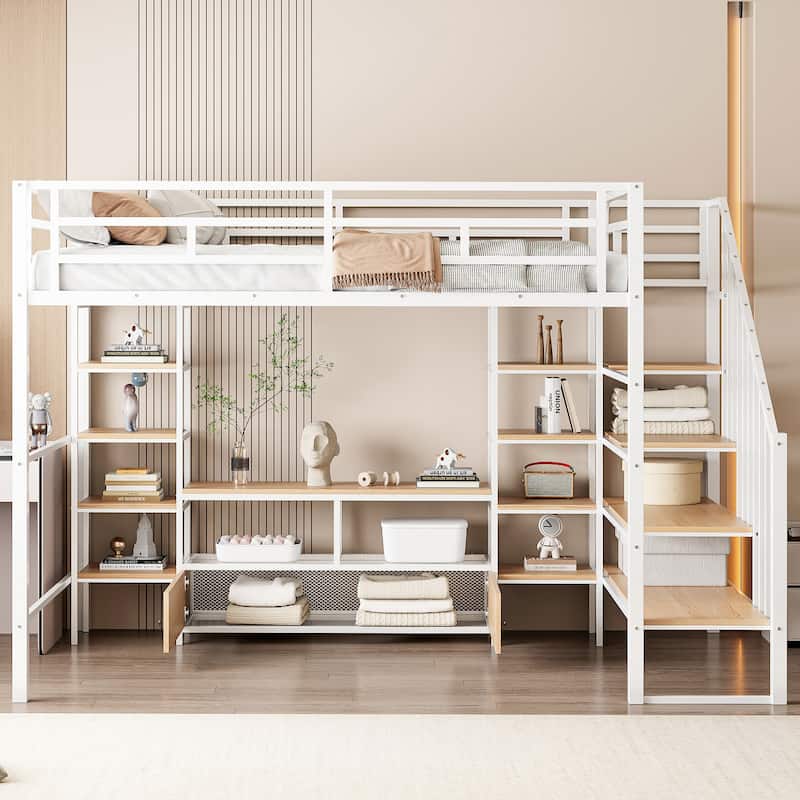 Full Size Metal Loft Bed with Staircase, Low Storage Table and Storage Shelves, Black