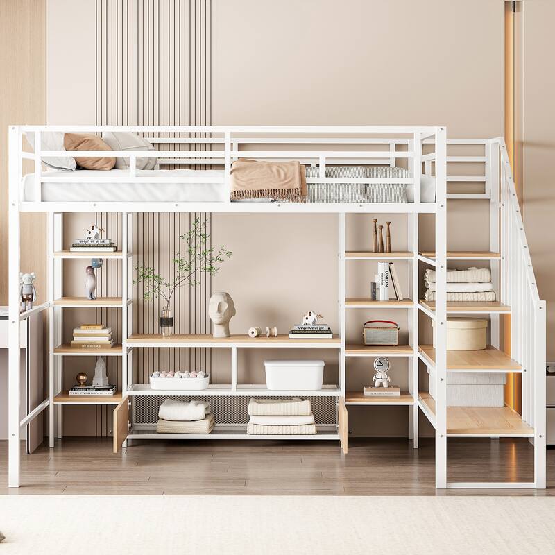 Full Size Metal Loft Bed with Storage Staircase & Work Table (250lb Capacity)