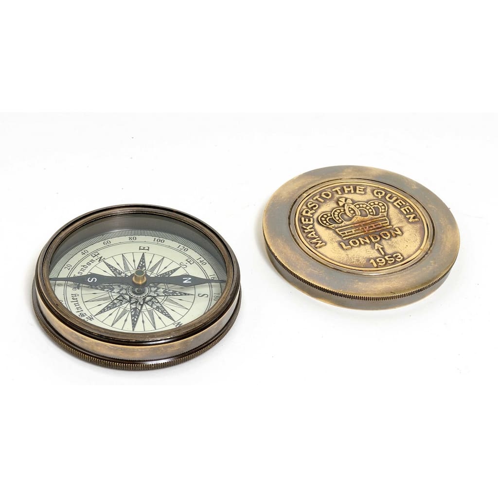 HomeRoots Brass Makers To The Queen Compass With Leather Case - 3' X '0.8' X '3