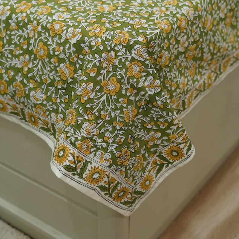Fabdivine Cotton Hand Block Floral Flat Sheet Bed Room Home Décor Accent Gift