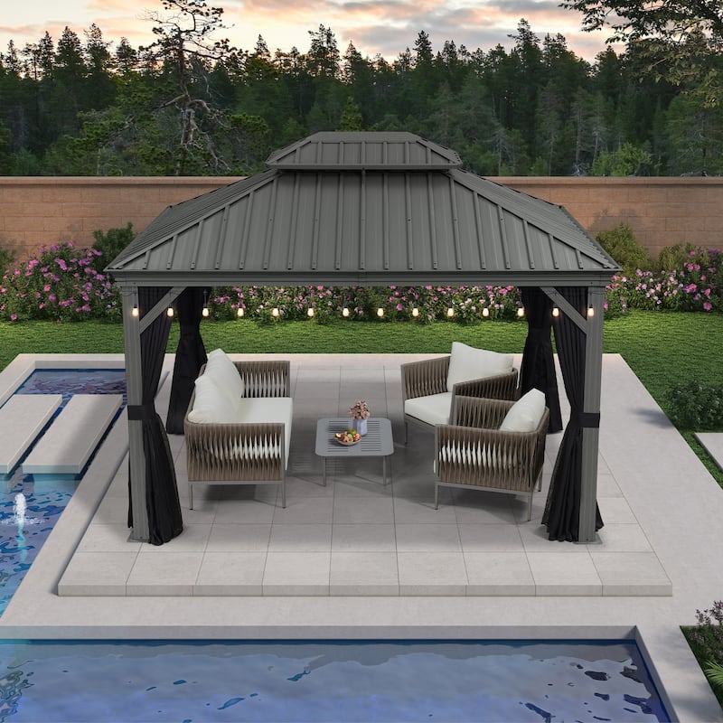 PURPLE LEAF Patio Gazebo for Backyard Hardtop Galvanized Steel Frame with Upgrade Curtain and Light - Light Grey - 10ft x 12ft