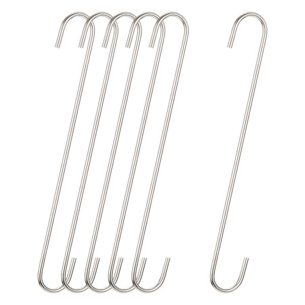 S Hanging Hooks, 12"(300mm) Extra Long Steel Hanger, Matt Silver, 6Pcs - Silver