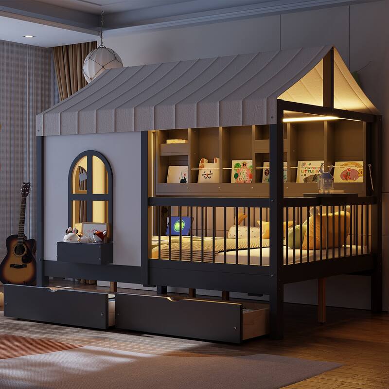 Roomfitters Full Size House Bed with Tent and LED Bookshelf, 2 Drawers - Grey