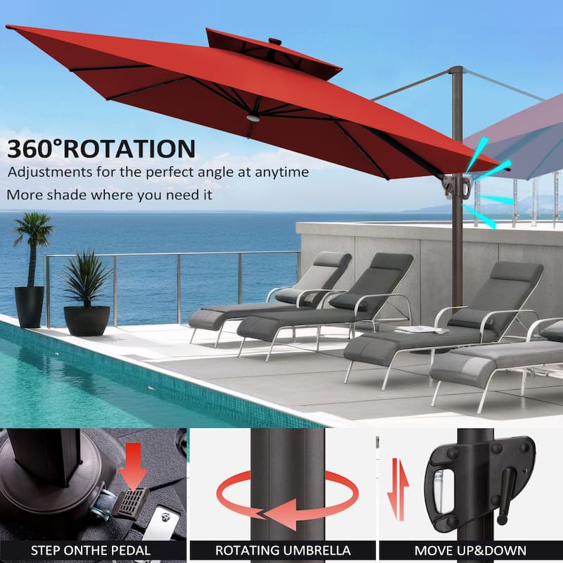 Pellebant 11X11 FT Outdoor Square Cantilever Patio Umbrella Solar LED Lighted with Wheel Base