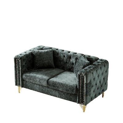 60-Inch Chenille Chesterfield Sofa, Living Room Couch with Buttons Tufted/Copper Nail Decoration Armrest
