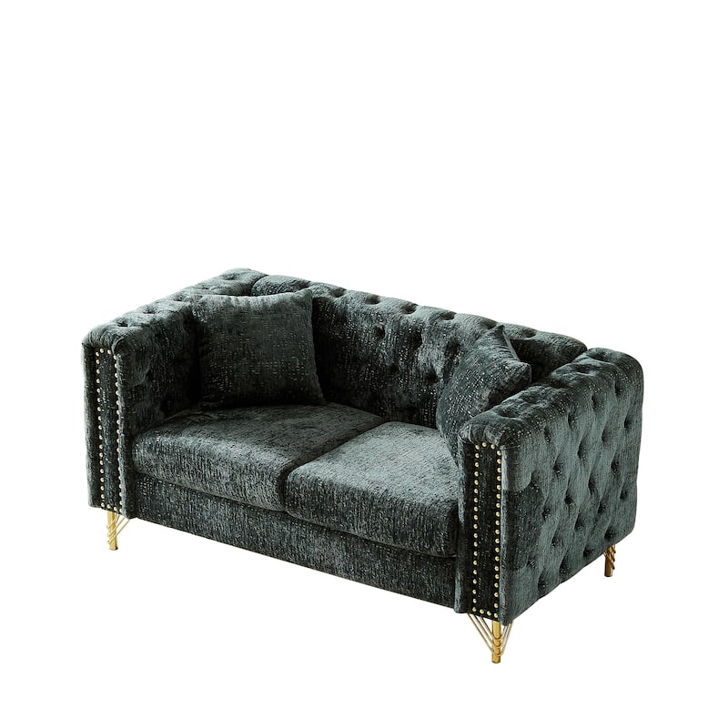Modern 60-Inch Chenille Sofa, Chesterfield Pull-Buckle Design with Copper Nail Decor, Upholstered 2-Seater Couch