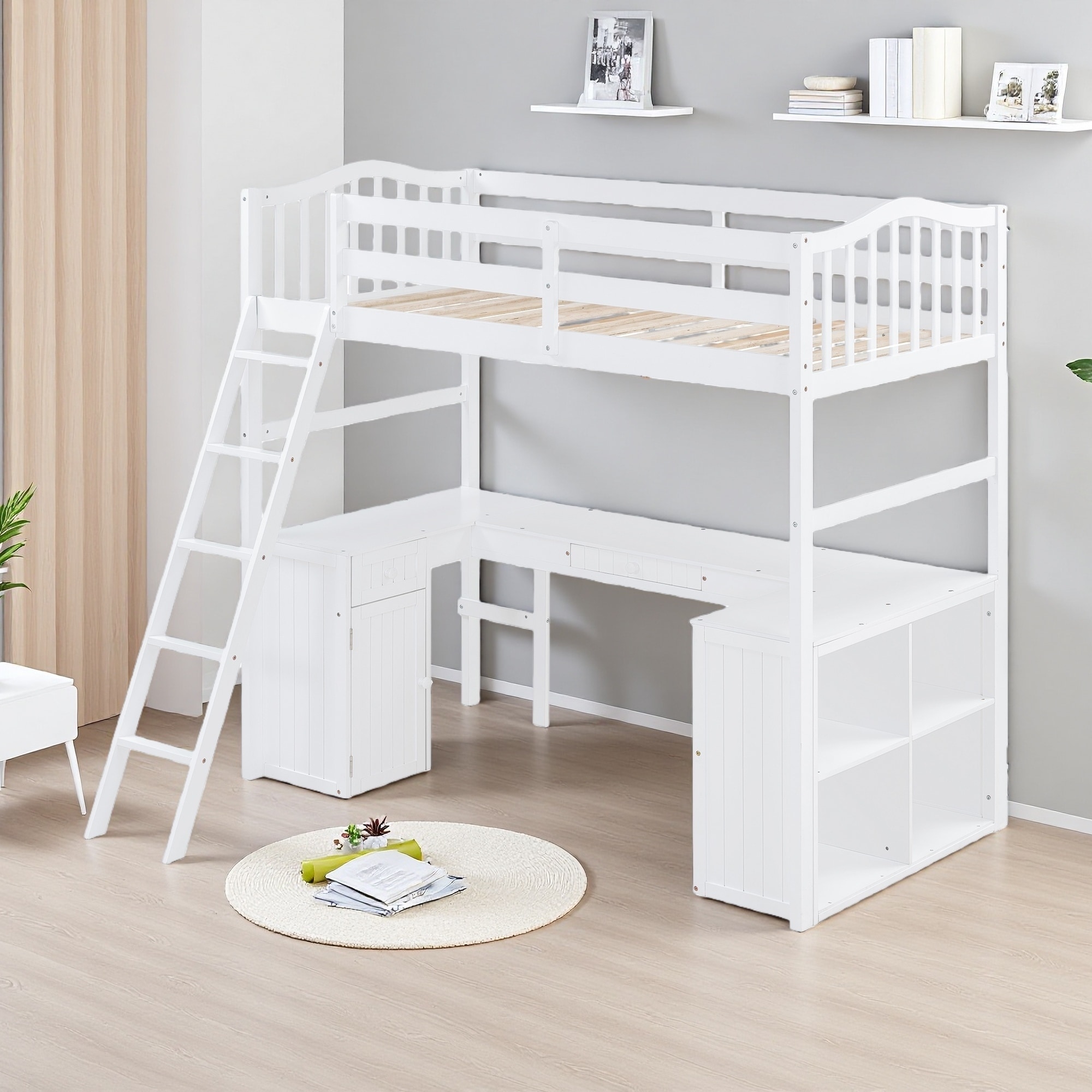 Twin Wood Loft Bed with Cabinet & Desk