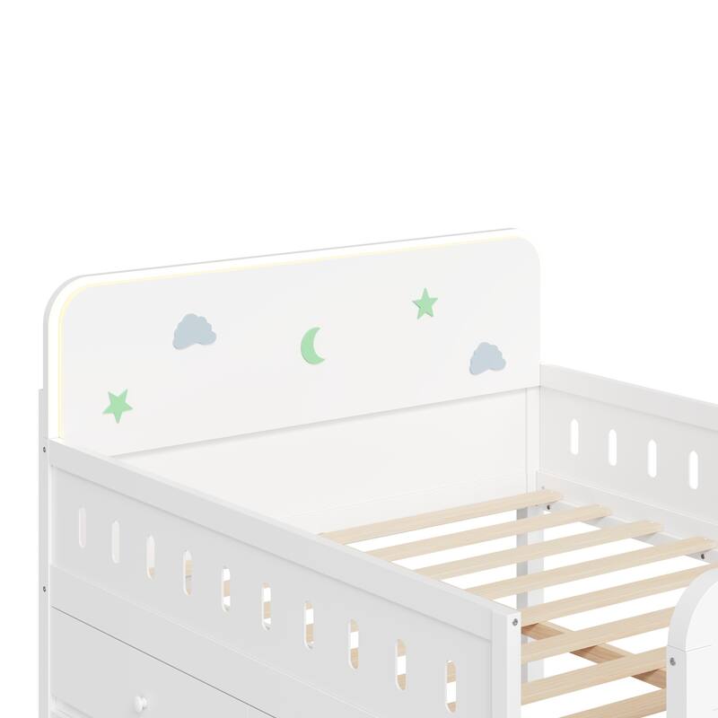 GDFStudio - Wooden Bed with Storage Drawers, Ladder Shelves and LED