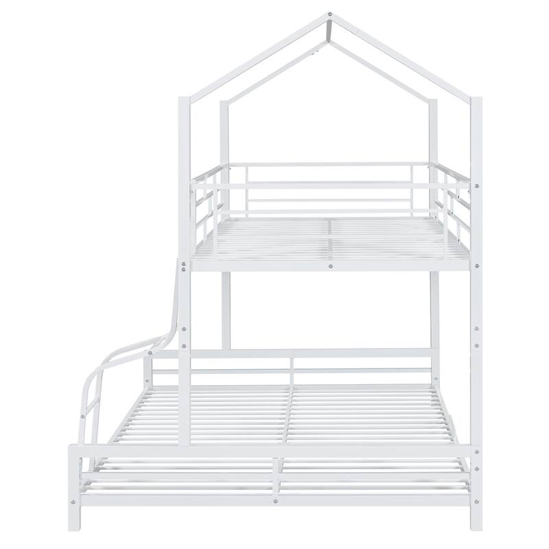 Twin Over Full Kids Heavy Metal House Low Bunk Bed, Convertible Floor Bunk Bed Frame with Full-Length Guardrail and Ladder