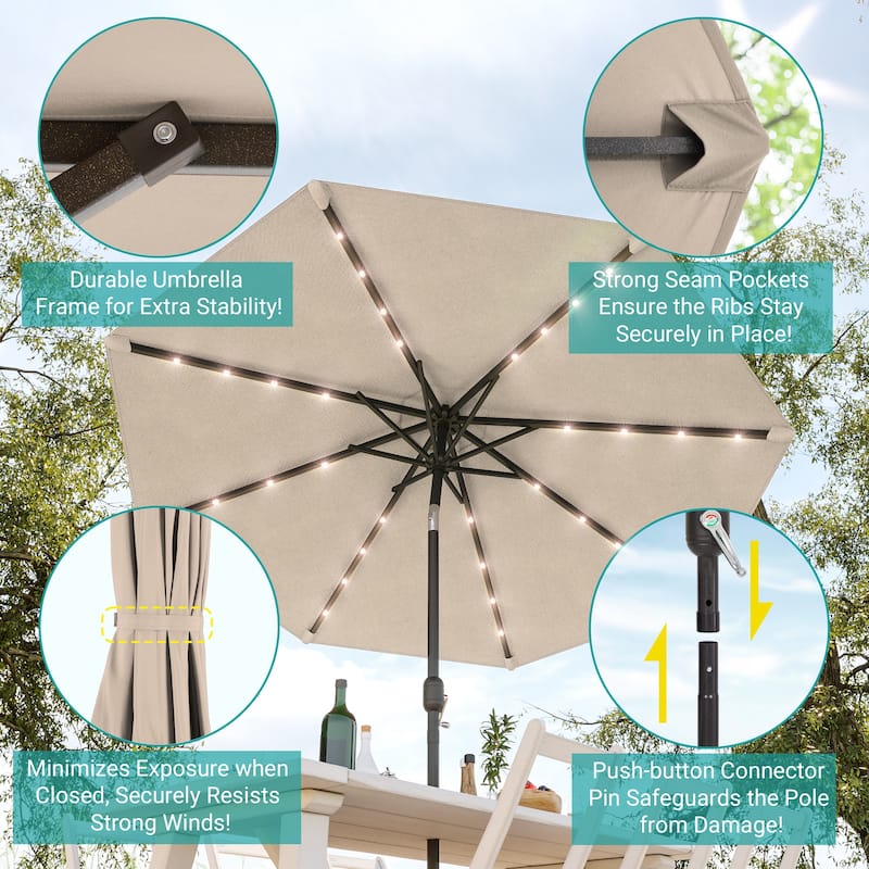 BONOSUKI Patio 9Ft LED Market Umbrellas With Solar Lights, Table Umbrella for Patio and Outdoor With Tilt Button