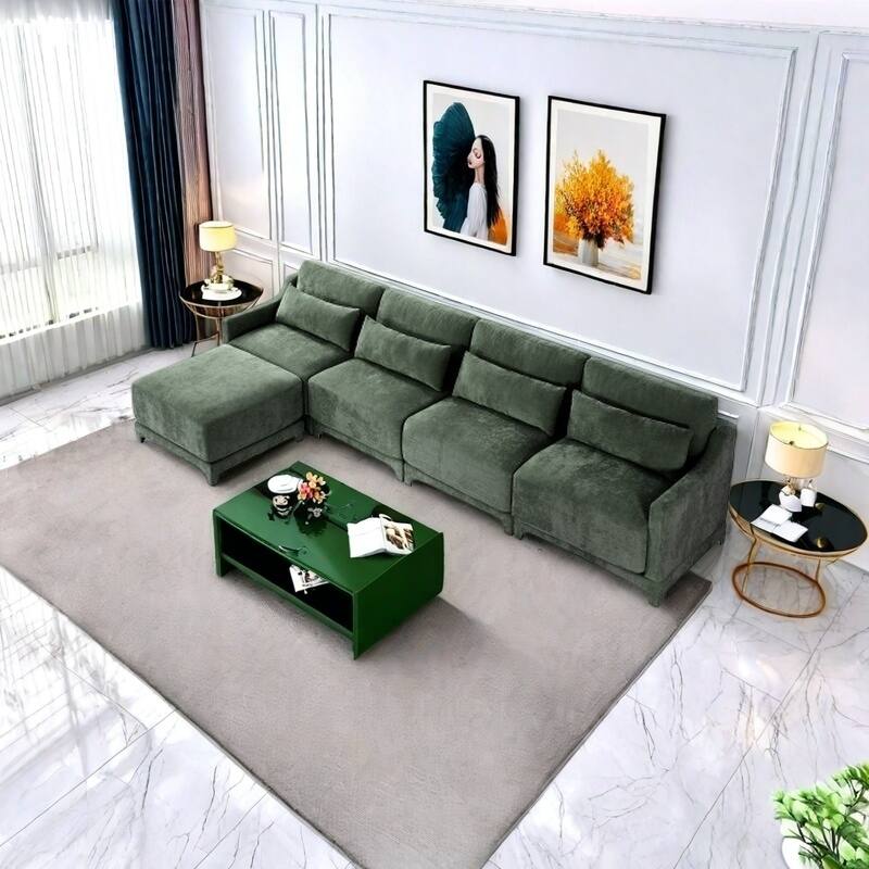 Modern Chenille 4-Seater Sofa with 2 Ottoman, Lumbar Cushions, Ergonomic Backrest, High-Resilience Spongeand Tufted Armrests - 4 Seater with Ottoman Green