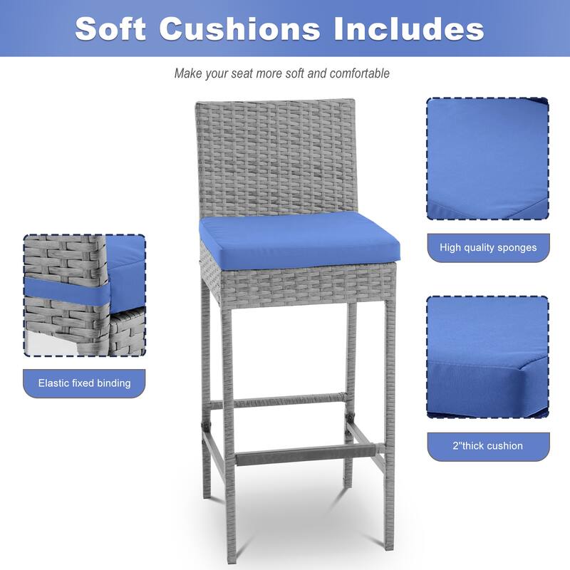 Rattan Bar Stools Set of 2, Armless Wicker Bar Stools with Cushions, All-Weather Outdoor Bar Height Stools for Patio, Poolside