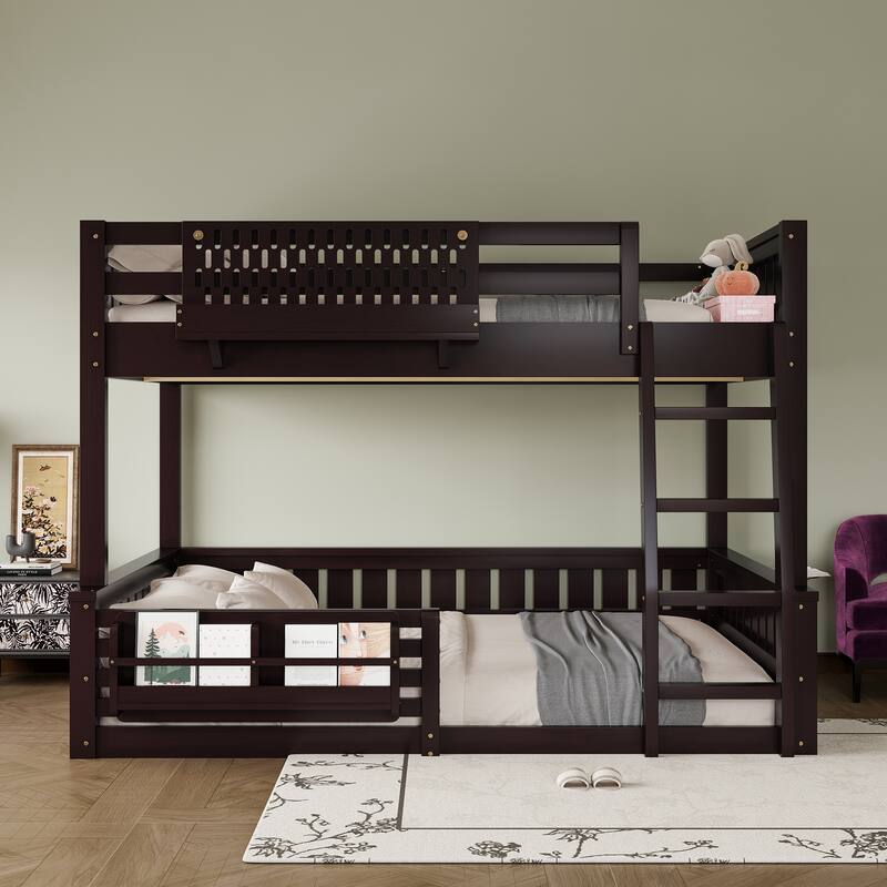 Full XL over Queen/Full over Queen Bunk Bed with Ladder and Guardrails, Pegboard and bookshelf - Espresso
