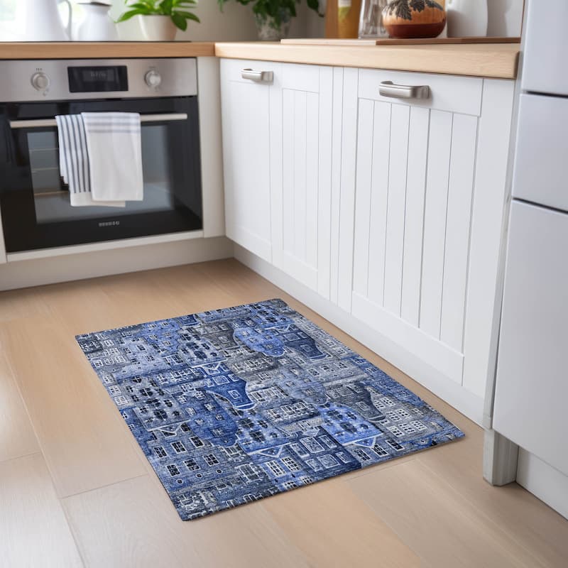 Machine Washable Indoor/ Outdoor Chantille Modern City Rug - Blue - 1'8" x 2'6"