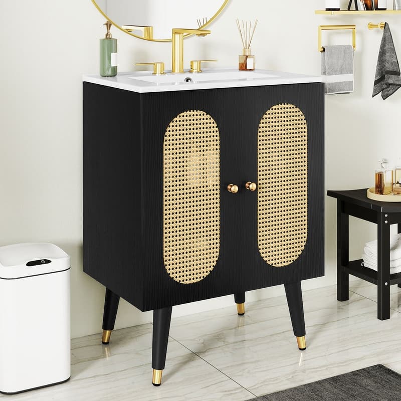 Moasis 24" Bathroom Vanity with Ceramic Sink, Rattan Double Door Cabinet and Drawer, Freestanding Solid Wood Legs - 24"W x 18.9"D x 34.6"H - Black