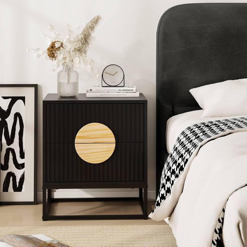 Costway 1/2 PCS Fluted Nightstand with 2 Drawers with Pine Wood