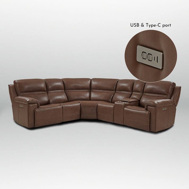 121" W Genuine Leather Dual-Power Sectional Sofa with Two Consoles, Zero Gravity, UsB & Type-c Ports and1 Power armless chair